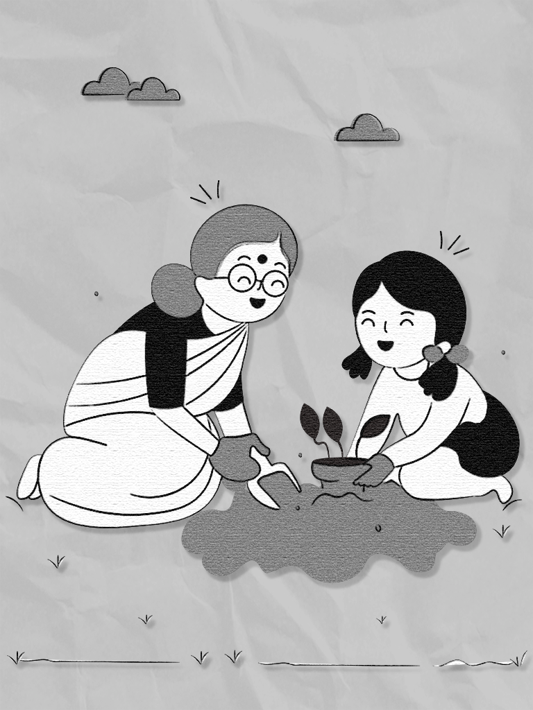 A grandma and a young girl sowing a new plant.