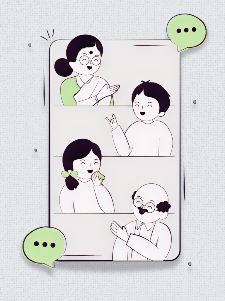 A mobile screen view inside which multiple characters across different age groups are chatting with each other.