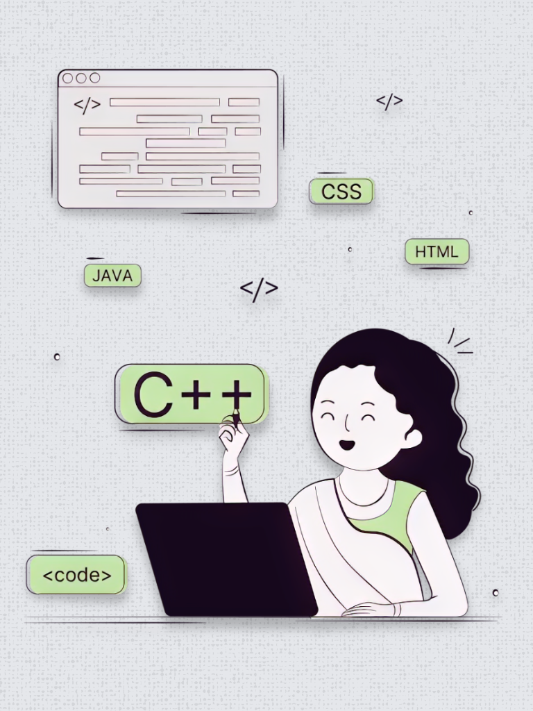 A lady happily coding in her laptop.