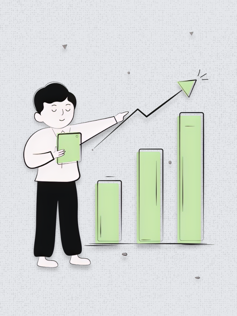 A man holding a paper in his hand while life sized bar graphs are standing next to him with a upward trajectory.