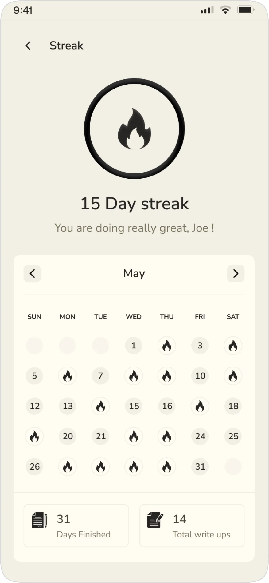 A journal app showcasing daily streaks.