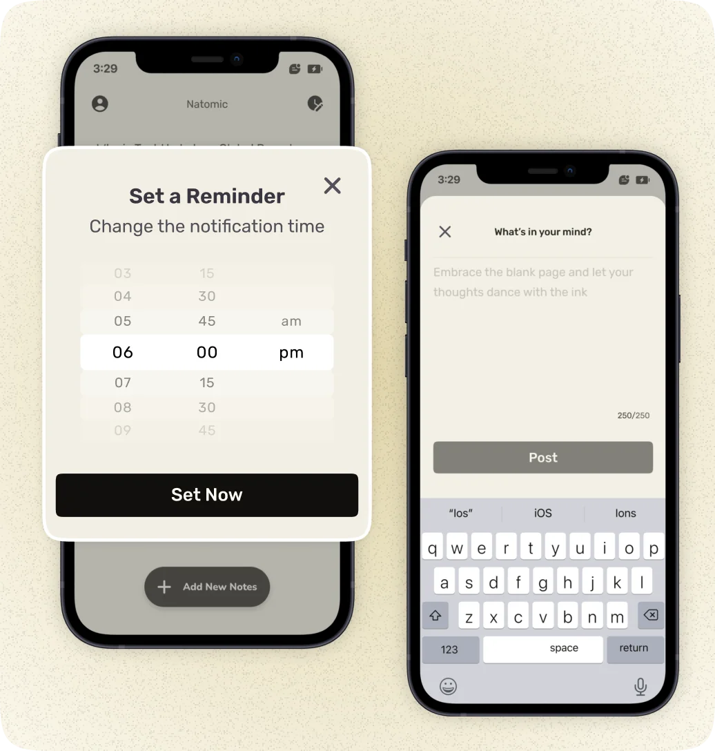 A app design showcasing options to set reminder and post your thoughts.